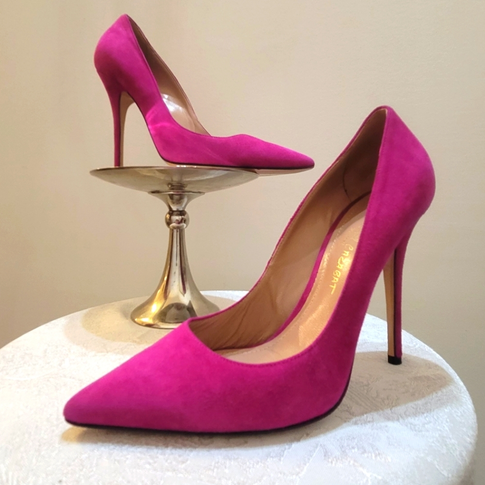 Hot pink, genuine leather suede, pointed toe high heel pumps